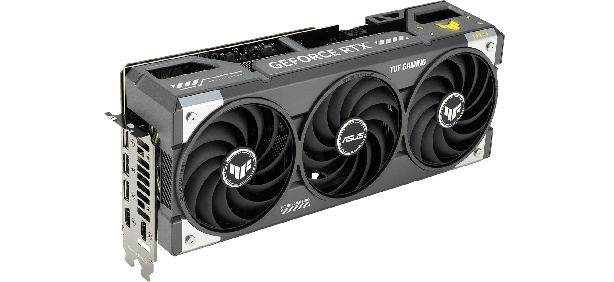 Angled front view of TUF Gaming GeForce RTX 5070 Ti showing triple fans and ARGB lighting