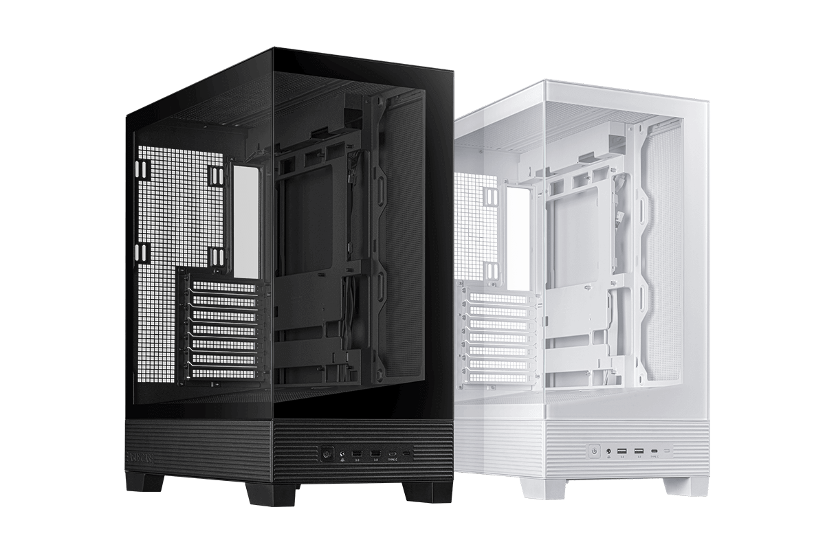 一臺黑色和一臺白色 ASUS A31 PC 組裝的并排視圖