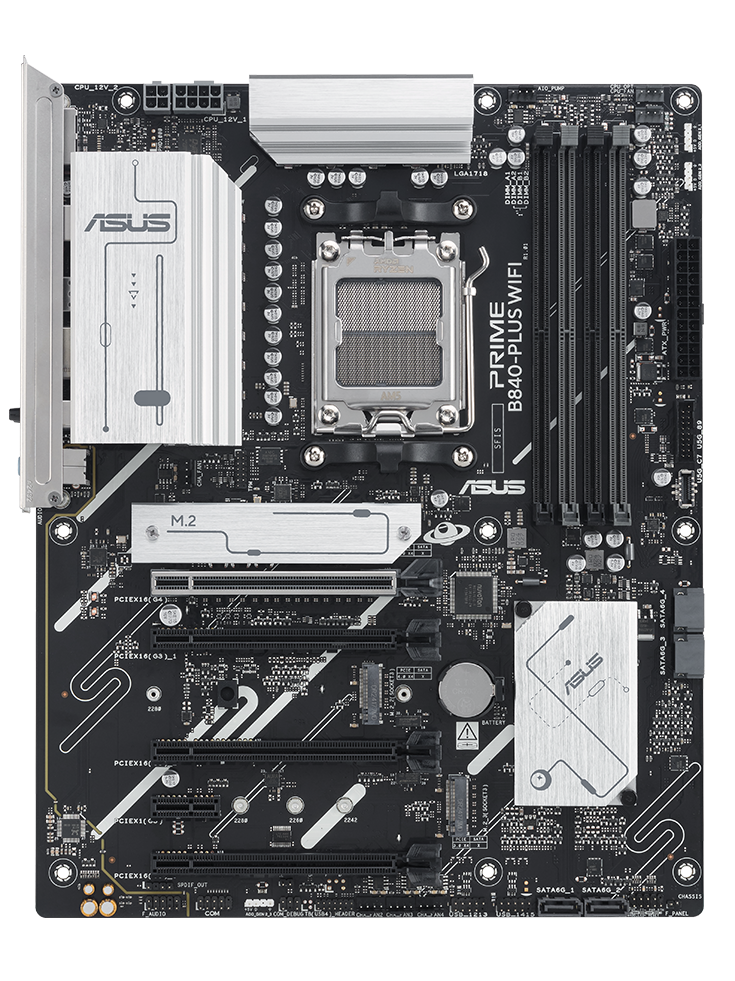 PRIME B840-PLUS WIFI motherboard front view, floating in space.