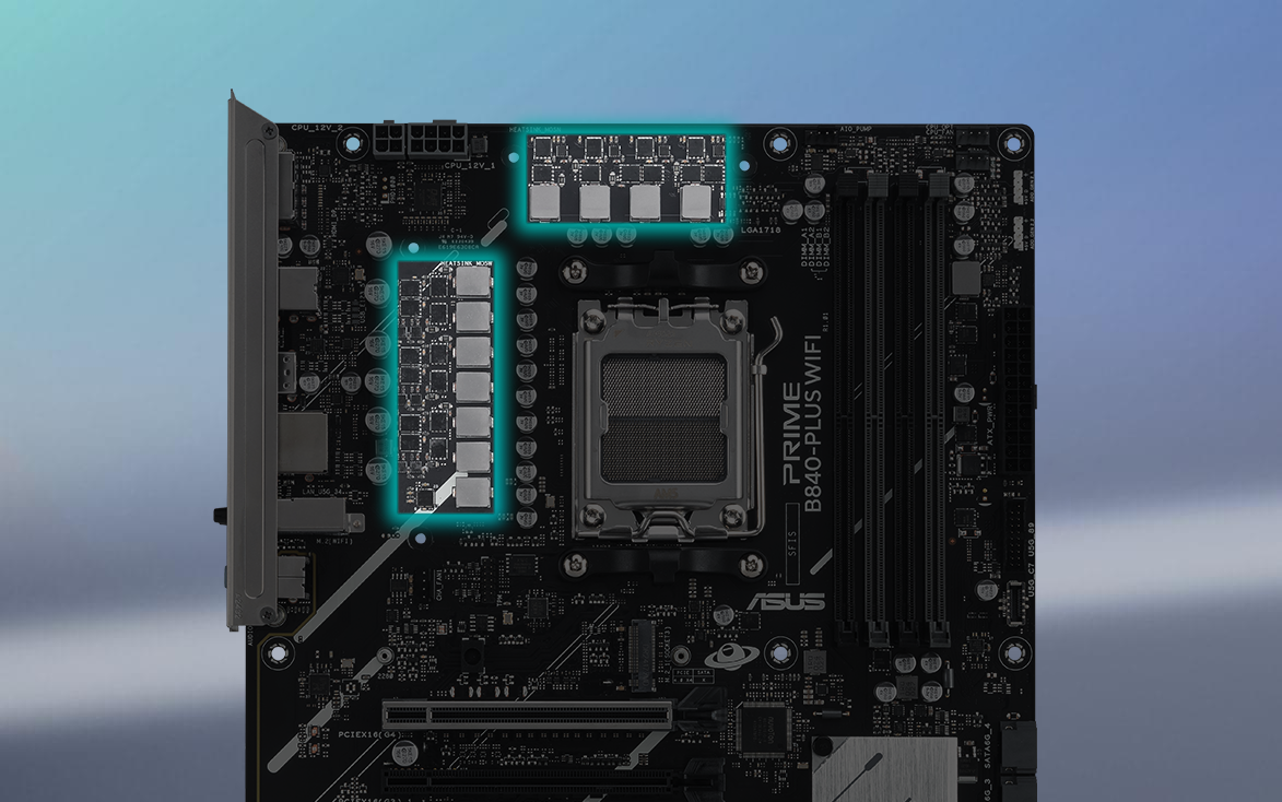 Angled top-down view of PRIME B840-PLUS WIFI motherboard.