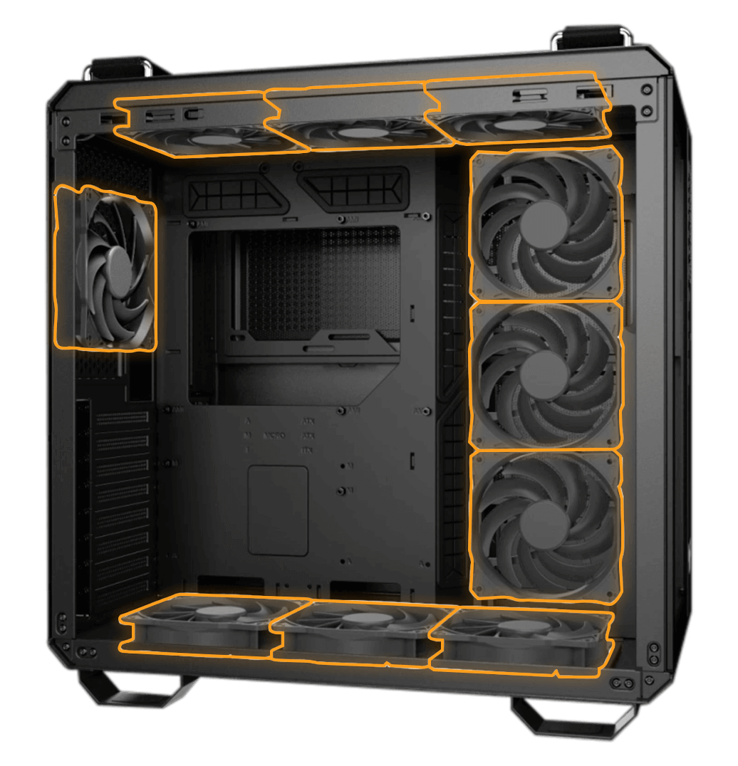 GT502 case support 10 fans at the main chamber