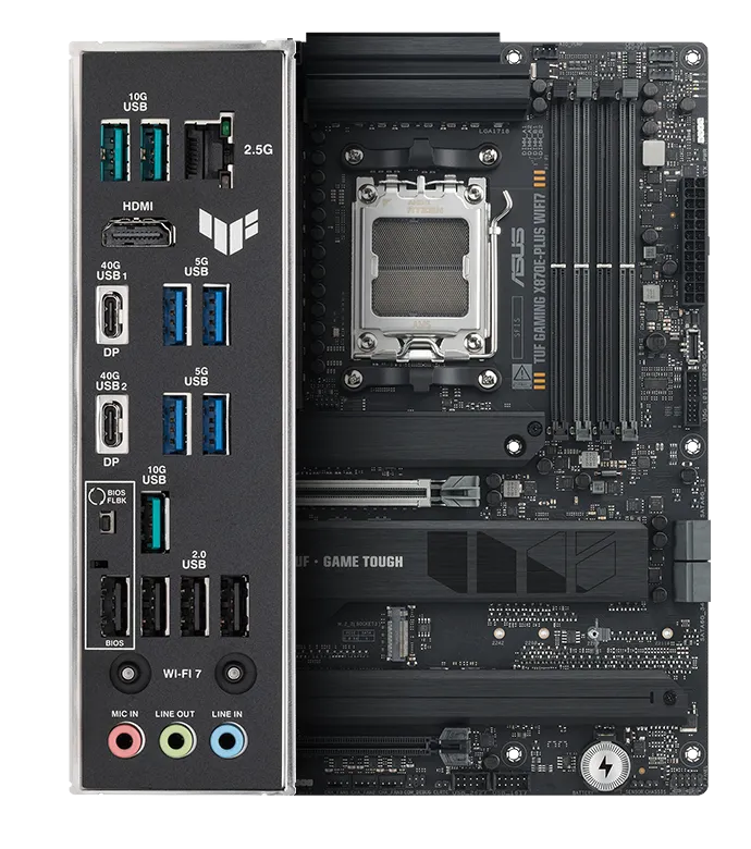 TUF Gaming motherboard front view, with Aura lighting, and I/O shield