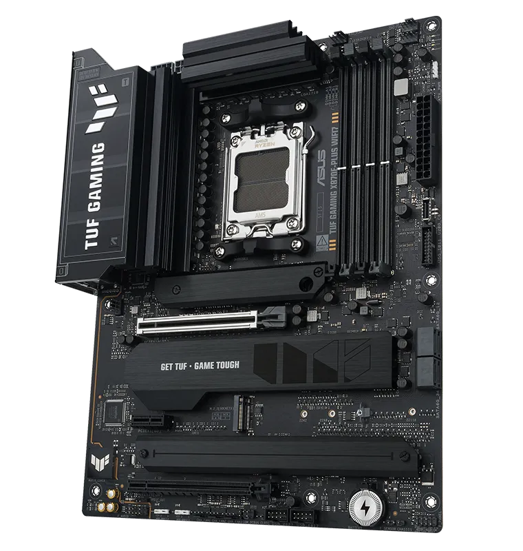 TUF Gaming motherboard front view, 60 degrees, with Aura lighting