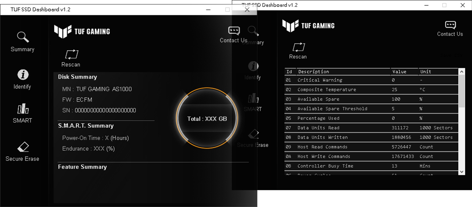 TUF Gaming AS1000 SSD Dashboard user interfaces