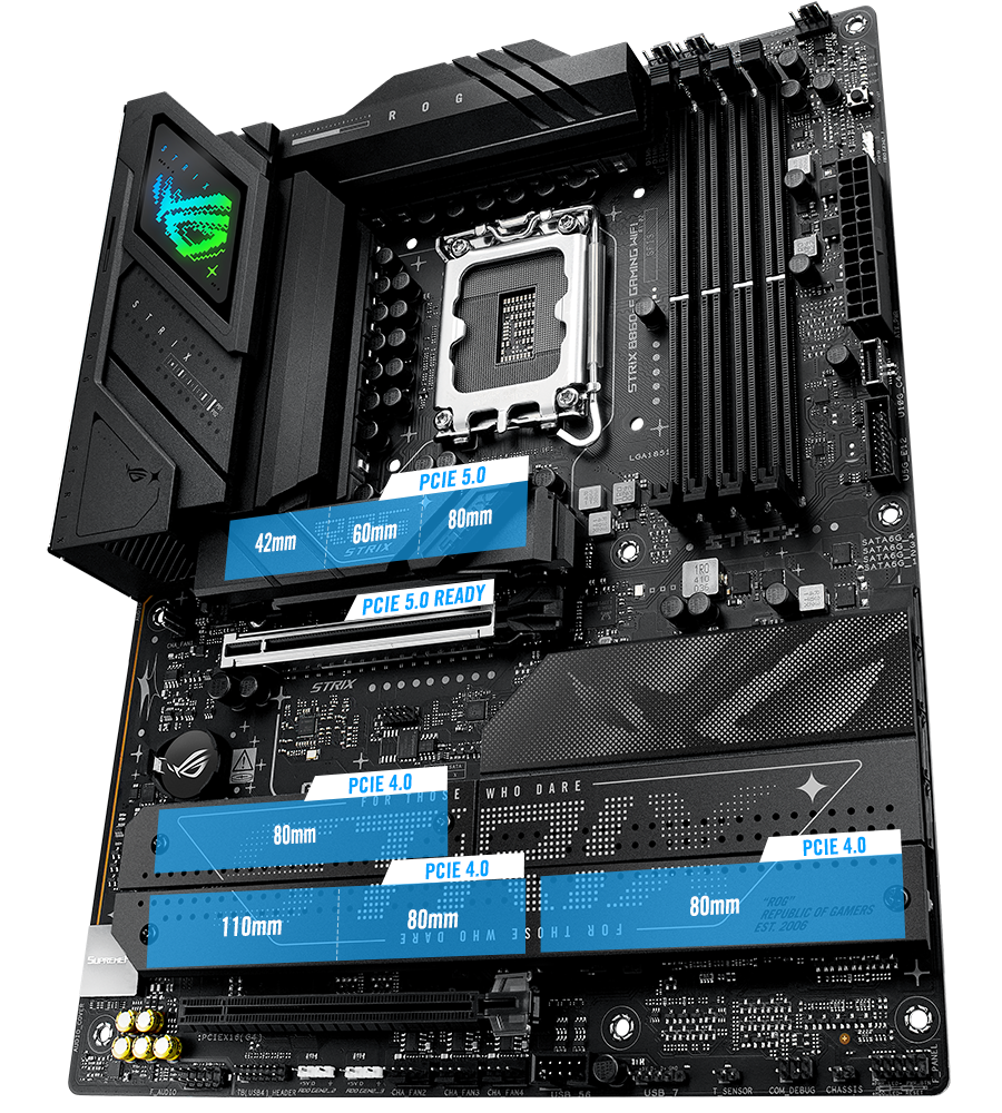 The Strix  B860-F PCIe 5.0 M.2 and expansion slot layout