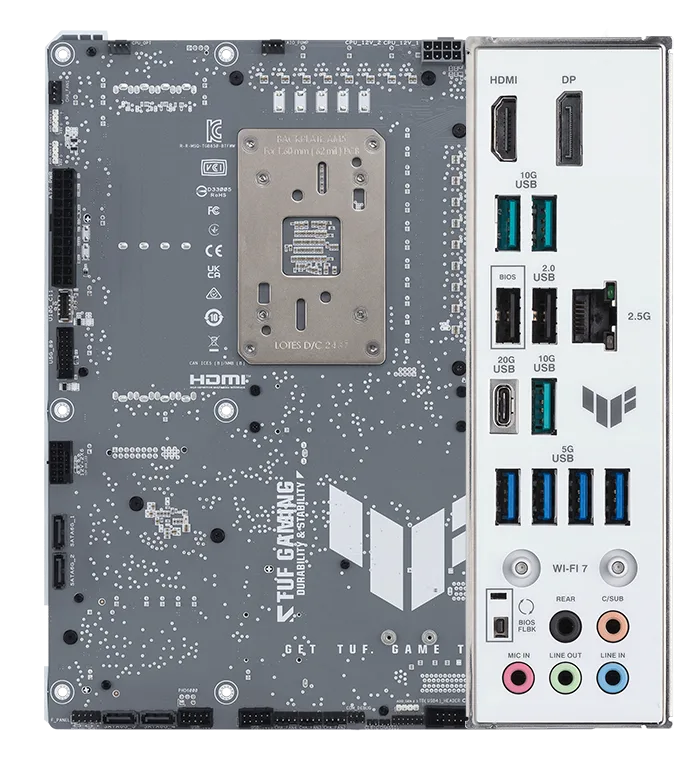 TUF Gaming motherboard front view, with Aura lighting, and I/O shield