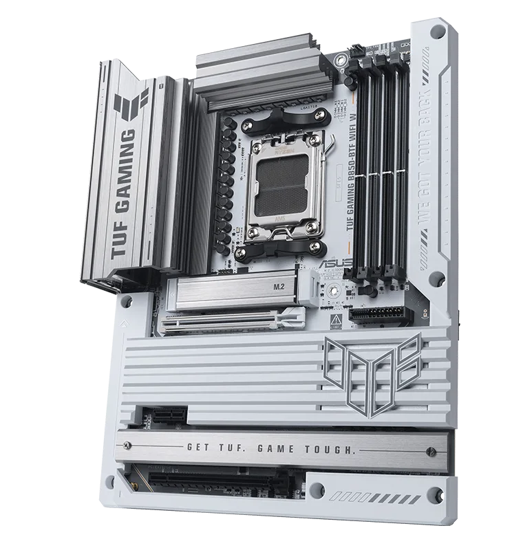 TUF Gaming motherboard front view, 60 degrees, with Aura lighting