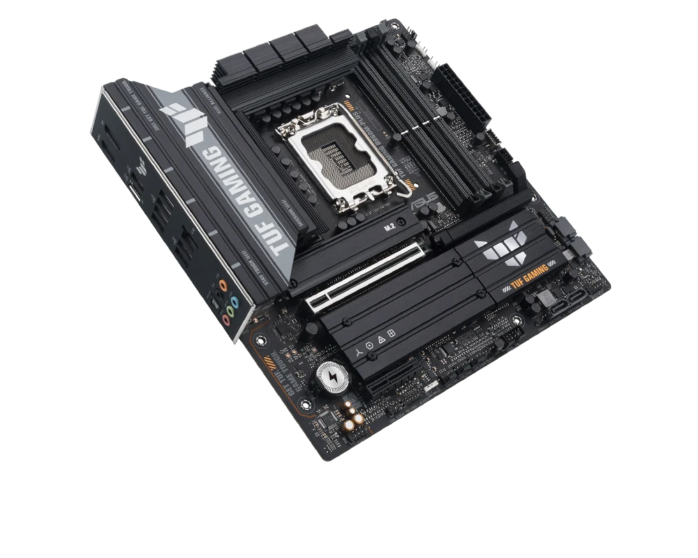 TUF Gaming motherboard front view, 45 degrees