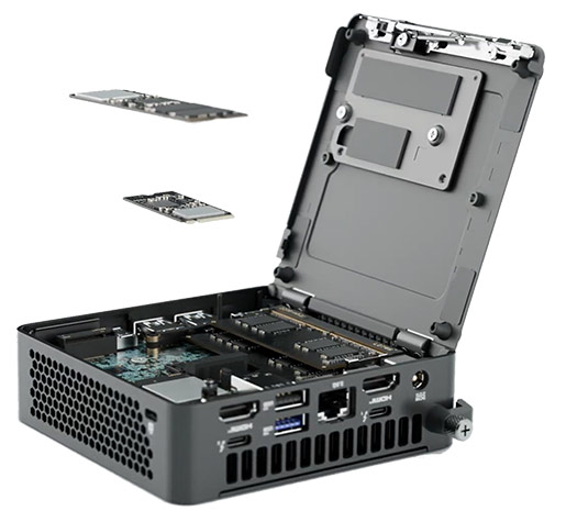 迷你电脑内部显示 SSD 扩展和 RAM 升级