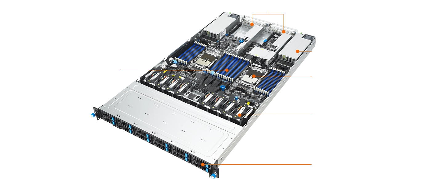 服务器机箱的内部视图，显示 CPU 插槽、RAM 插槽和 PCIe 插槽等组件的配置