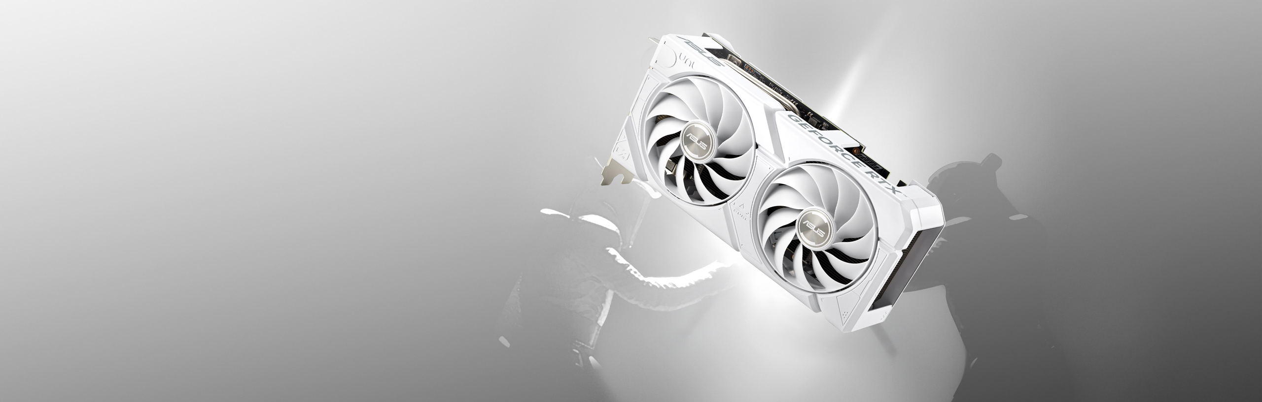 Front view of the ASUS Dual GeForce RTX™ 4070 SUPER White Edition graphics card with two men fighting in the background.  