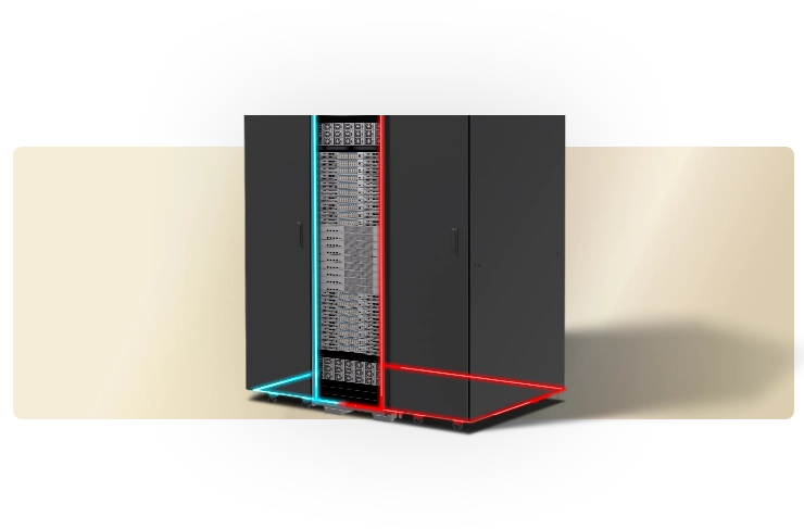 一台 NVIDIA GB200 nvl72 连接到两个 CDU（散热分配单元），热水和冷水管道在它们之间连接。