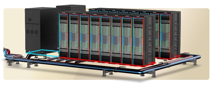 十六个 NVIDIA GB200 nvl72 机架连接到两个 CDU（散热分配单元），热水和冷水管道在它们之间连接。