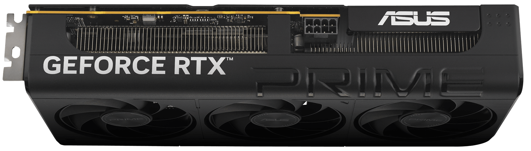 Angled top down view of the Prime GeForce RTX 5060 graphics card hero angle