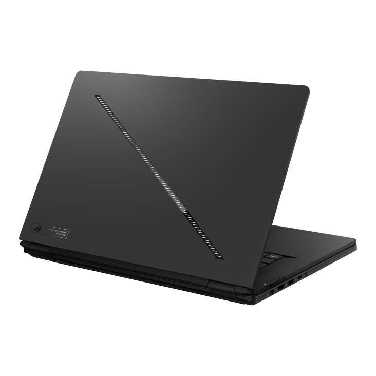 29_ROG Zephyrus DUO 16 (2026) Off center view of the rear of the ROG Zephyrus DUO 16 (2026), with emphasis on the Slash Lighting