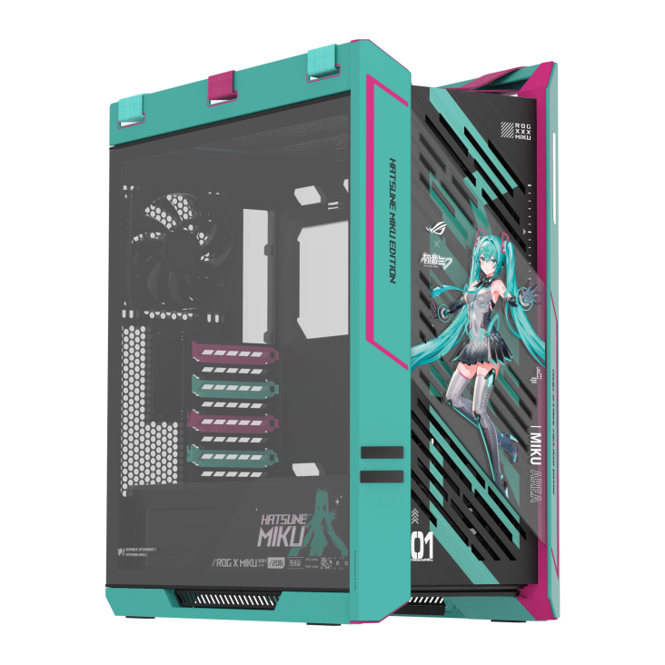 ROG Strix Helios II Hatsune Miku Edition hero shot showing the front and left side