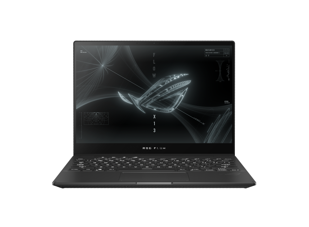 Front view of the Flow X13, with the ROG logo on screen.