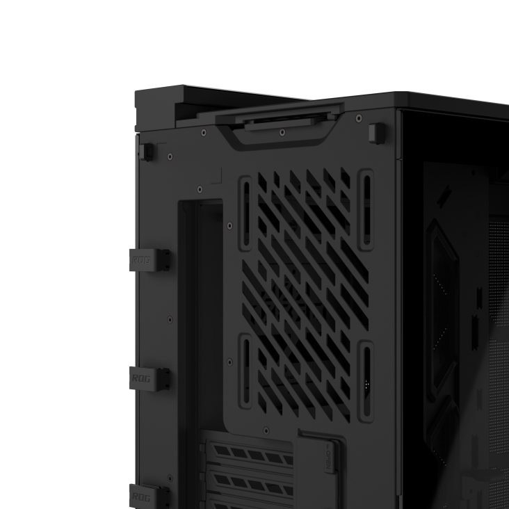 Rear-angle view of ROG Cronox Dual TG Black with top fan mounting space