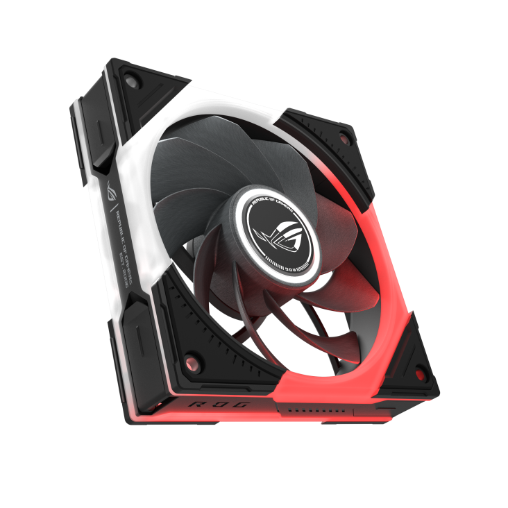 ROG Eurux GR120 ARGB Fan reverse blade Black hero angle with ARGB lighting and three independent lighting zones