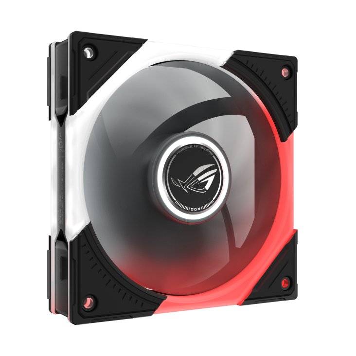 ROG Eurux GR120 ARGB Fan Black left 45 degree angle with rotating fan blade and ARGB lighting