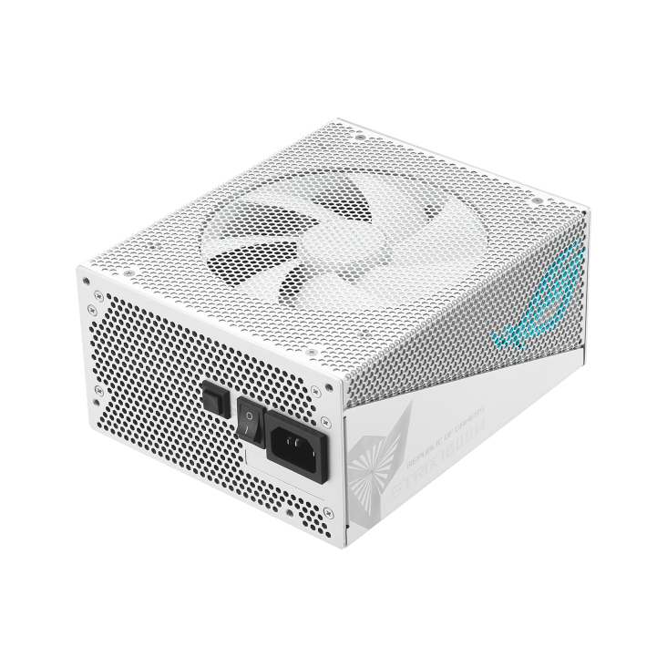 Rear-side angle of ROG Strix 1000W Gold Aura Snow Edition