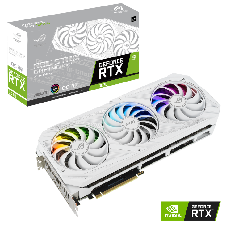 ROG-STRIX-RTX3070-O8G-WHITE-V2 graphics card and packaging with NVIDIA logo