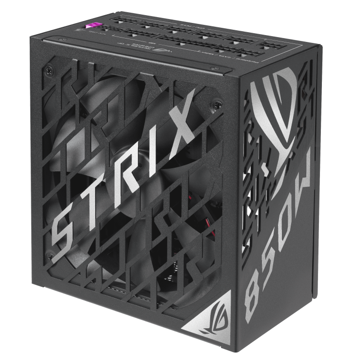 Upright angle of ROG Strix 850W Platinum showing the top and right side