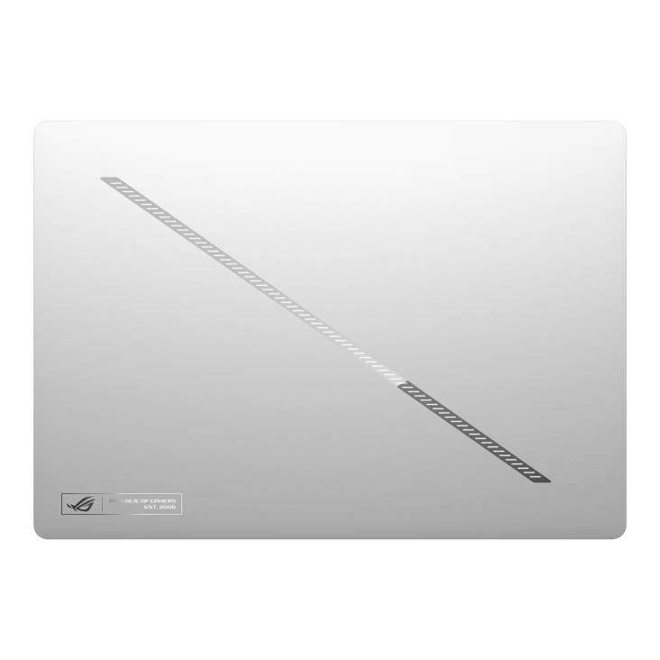 16_2026 Zephyrus G14 Top down view of the Zephyrus G14 with the lid closed, with emphasis on the Slash Lighting