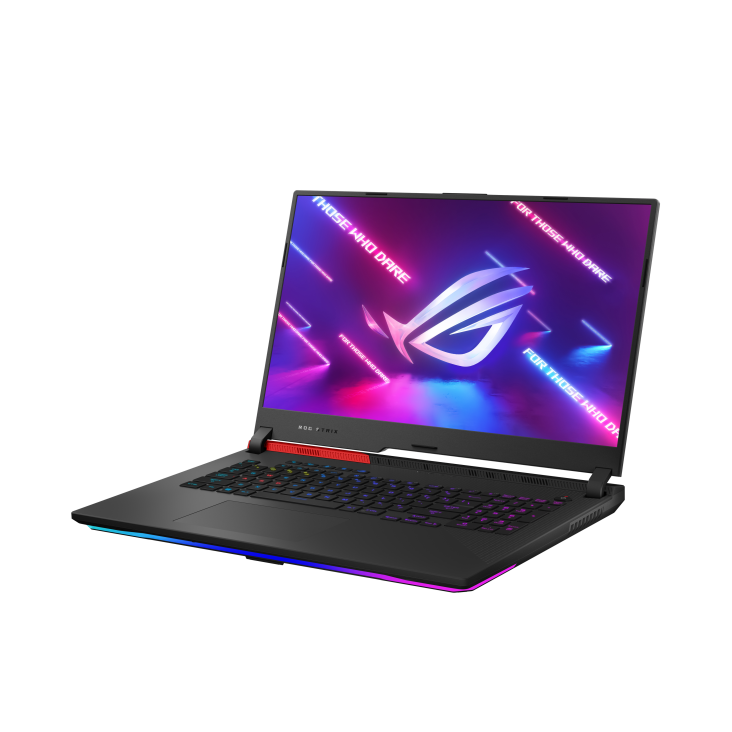 Off center front view of the Original Black ROG Strix G17, with the ROG logo on screen and keyboard illuminated.