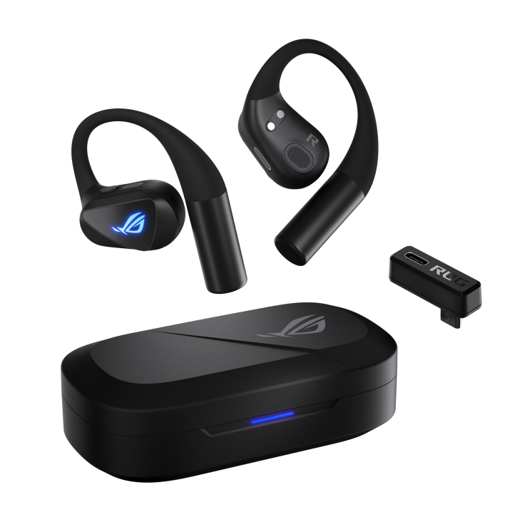 ROG Cetra Open Wireless gaming earbuds with charging case and 2.4 GHz dongle