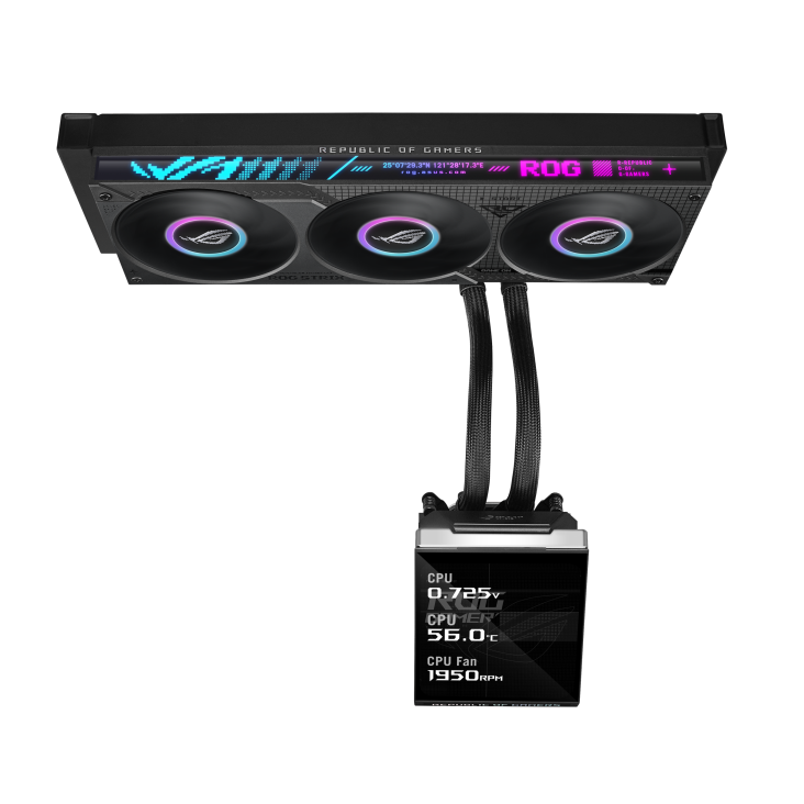 ROG Strix SLC IV 360 ARGB LCD – front flat view of the full unit, radiator and pump aligned vertically, LCD showing a radar-shield graphic