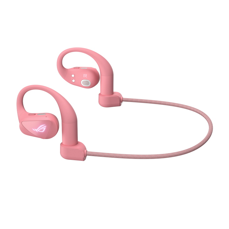 ROG Cetra Open Wireless gaming earbuds in Dusk Pink connected with the neck strap.
