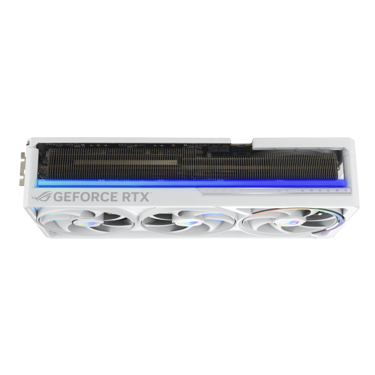 07_ROG-Astral-RTX5080-White_angled top down view showing slot design+lighting