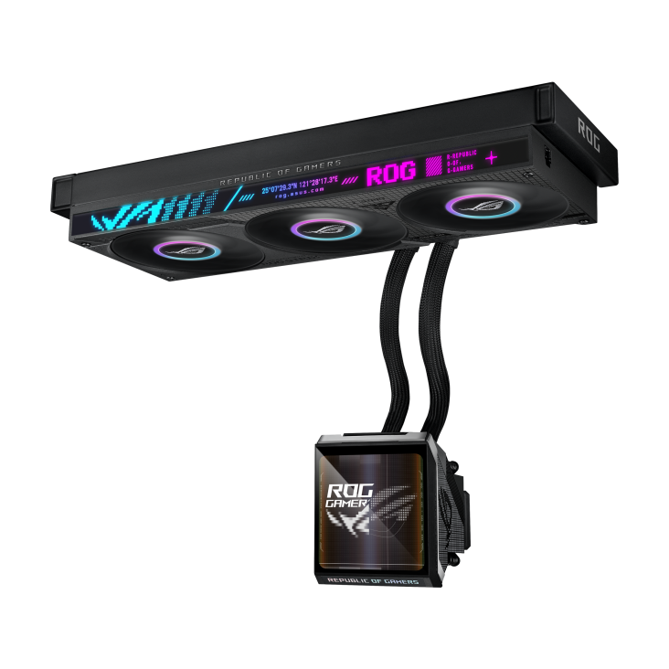 ROG Strix SLC IV 360 ARGB LCD – diagonal floating view of the full unit, radiator upper right, pump lower left, LCD showing a wallpaper graphic