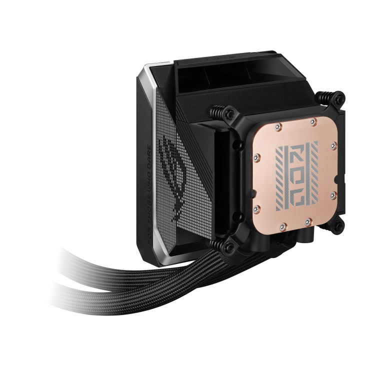 ROG Strix LC IV 360 ARGB LCD – pump and LCD block only, rear three-quarter angle, copper backplate with logo and textured side panel