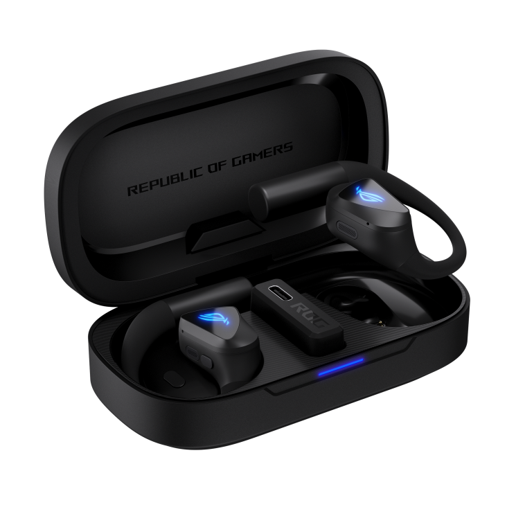 ROG Cetra Open Wireless gaming earbuds placed inside the charging case