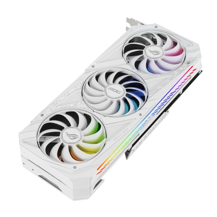 ROG-STRIX-RTX3080-O10G-WHITE graphics card, front angled view