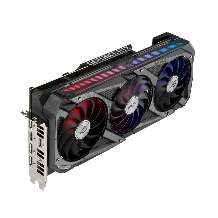 ROG-STRIX-RTX3070-O8G-V2-GAMING graphics card, angled top down view, highlighting the fans, ARGB element, and I/O ports