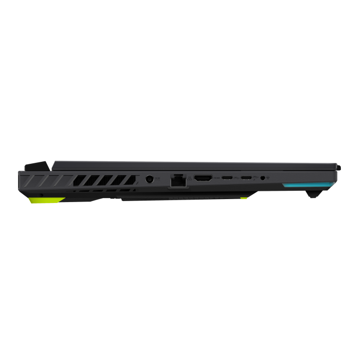 Strix G16, with DC power, HDMI, ethernet, two USB C ports, and a headphone jack visible
