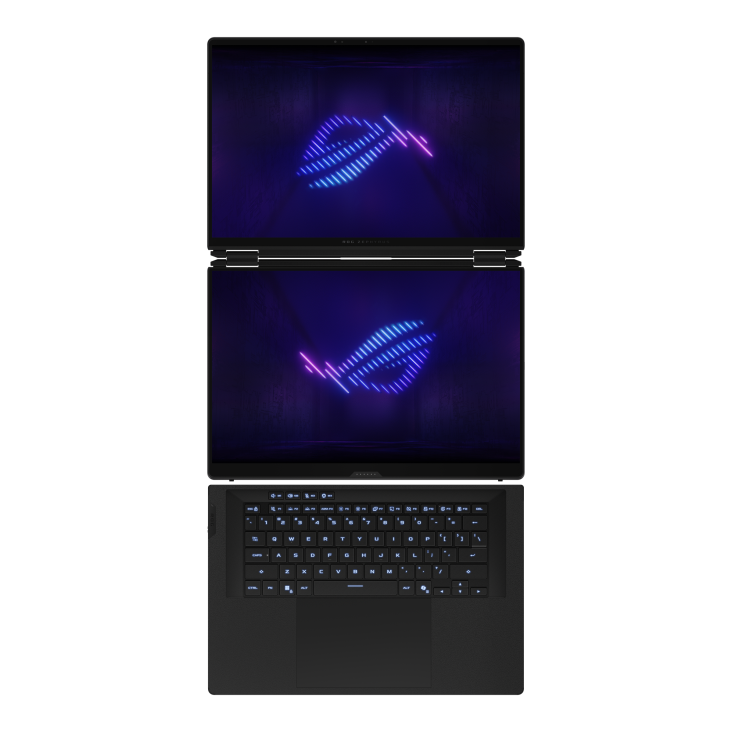 09_Top vieww of ROG Zephyrus DUO 16 (2026) dual-screen gaming laptop with illuminated ROG logo
