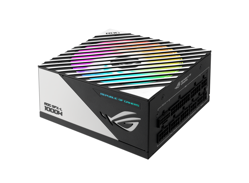 Front side angle of ROG Loki SFX-L 1000W Platinum with rainbow lighting effect