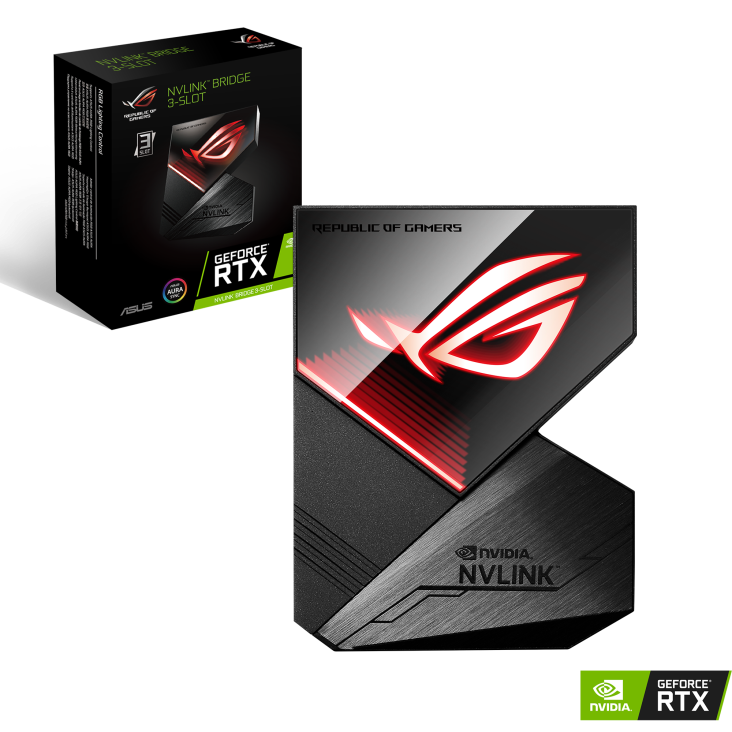 ROG NVLink Bridge with packaging and NVIDIA logo