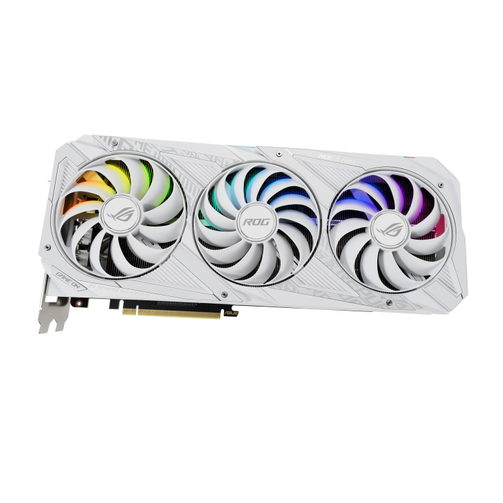 ROG-STRIX-RTX3080-O10G-WHITE graphics card, front angled view