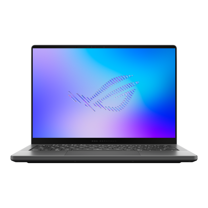 05_2026 Zephyrus G14 Front view of the Zephyrus G14, with the ROG Fearless Eye logo on screen