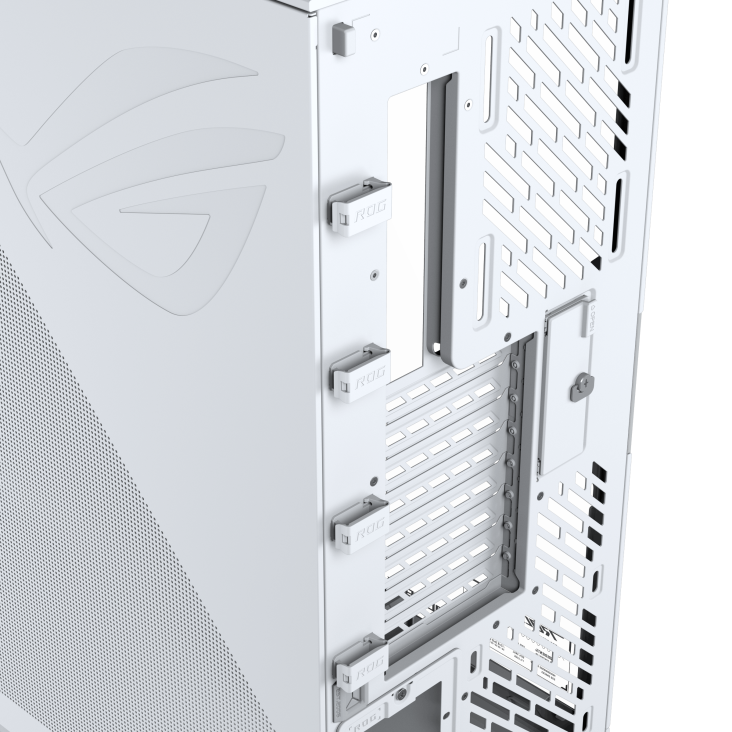 Rear-angle view of ROG Cronox Dual TG White with cable clips