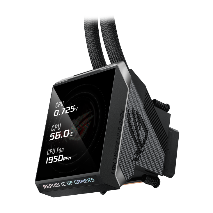 ROG Strix SLC IV 360 ARGB LCD – close-up angled view of the LCD screen displaying a live CPU voltage, temperature, and fan speed readout