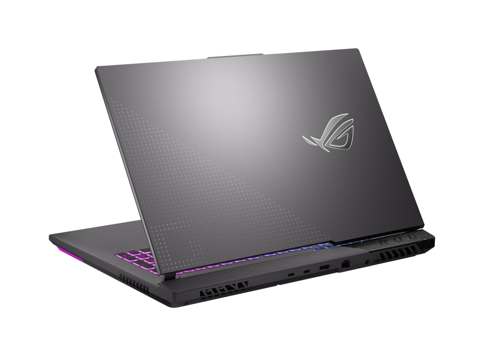 Off centered shot of the rear of the Strix G17 with the ROG Fearless Eye logo on lid