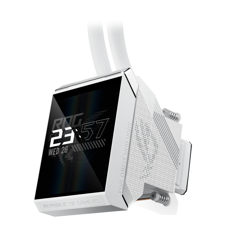 ROG Strix SLC IV 360 ARGB LCD White Edition – side-angled close-up of the LCD pump block showing the clock display and screws