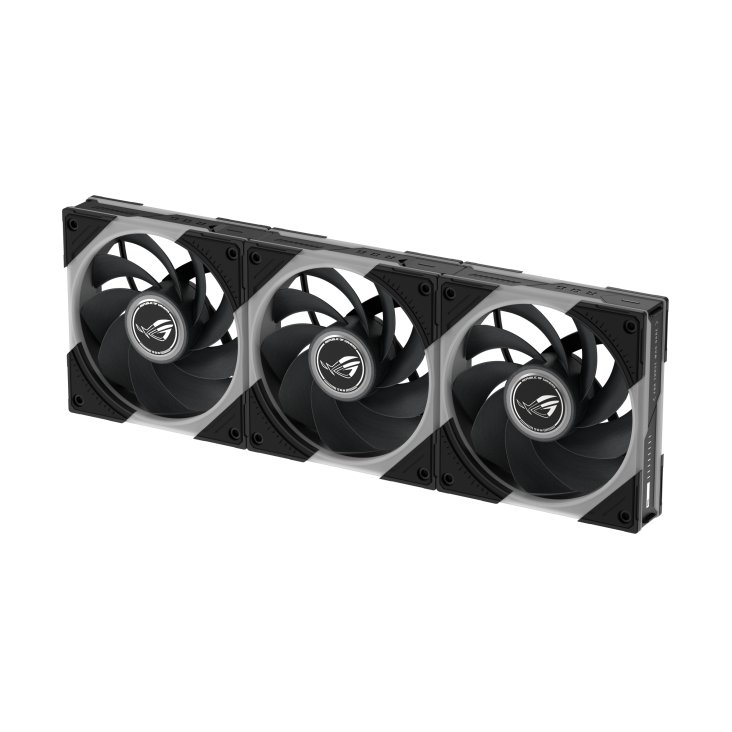 Top down shot of ROG Eurux GR120 ARGB Fan Triple pack reverse blade Black showing lighting area and continuity