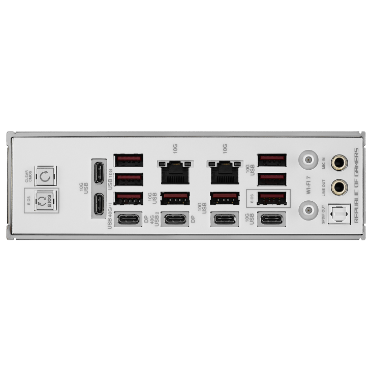 ROG Crosshair X870E Glacial I/O ports closeup